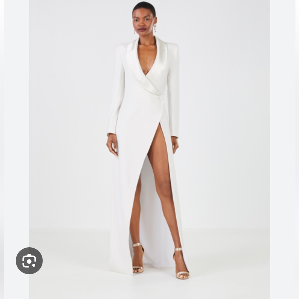 BCBGMaxazria Sz 0 Luciano Gardenia Maxi Low Cut Tuxedo Dress High Thigh Slit NWT